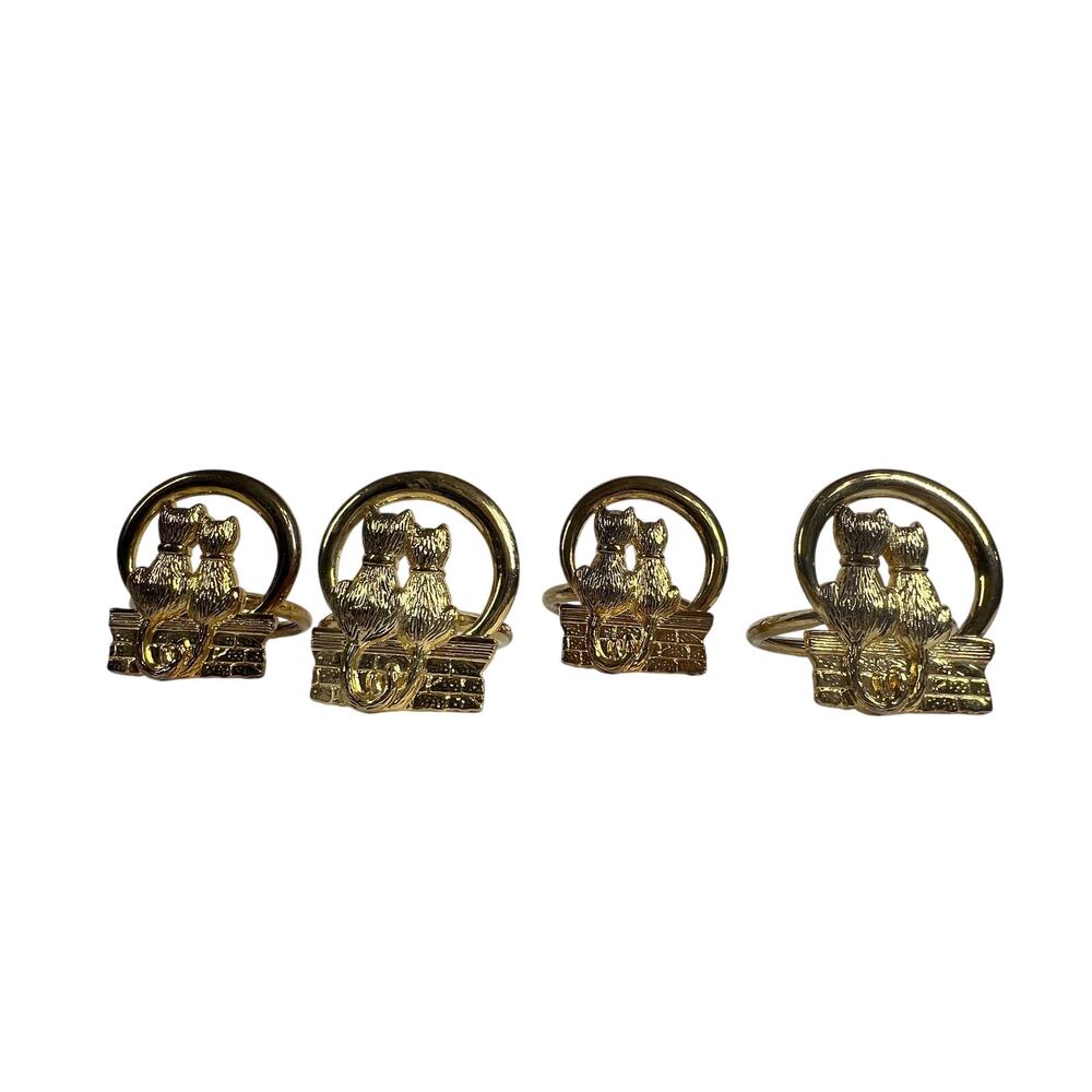 Vintage Gold Tone Cat Napkin Rings Set 4 Two Cats Kitty on Fence Table Decor